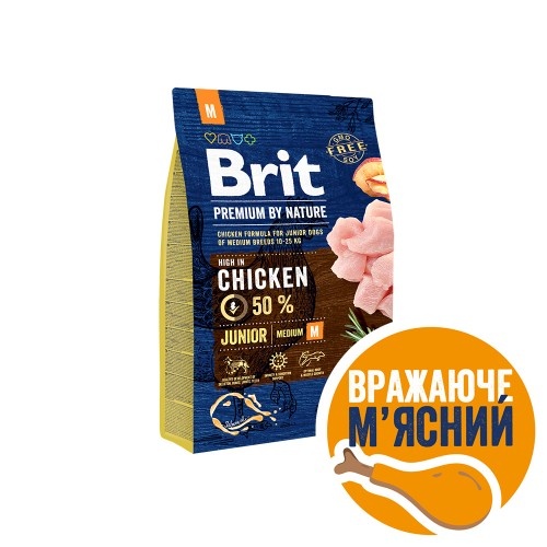 Корм сухий Brit Premium Dog Junior M для цуценят та молодих собак середніх порід від 1 до 12 місяців вагою 10-25 кг з куркою 3 кг 1111150951 фото